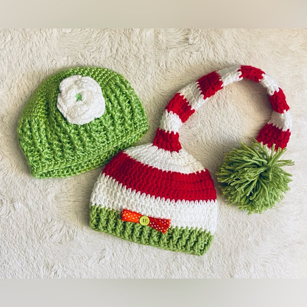 NWOT Green and Red Striped Knit Baby Hats